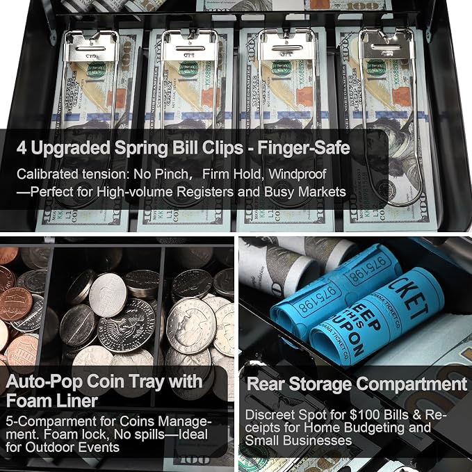 Jssmst Locking Large Metal Cash Box with Money Tray, Money Box with Combination Lock, Black