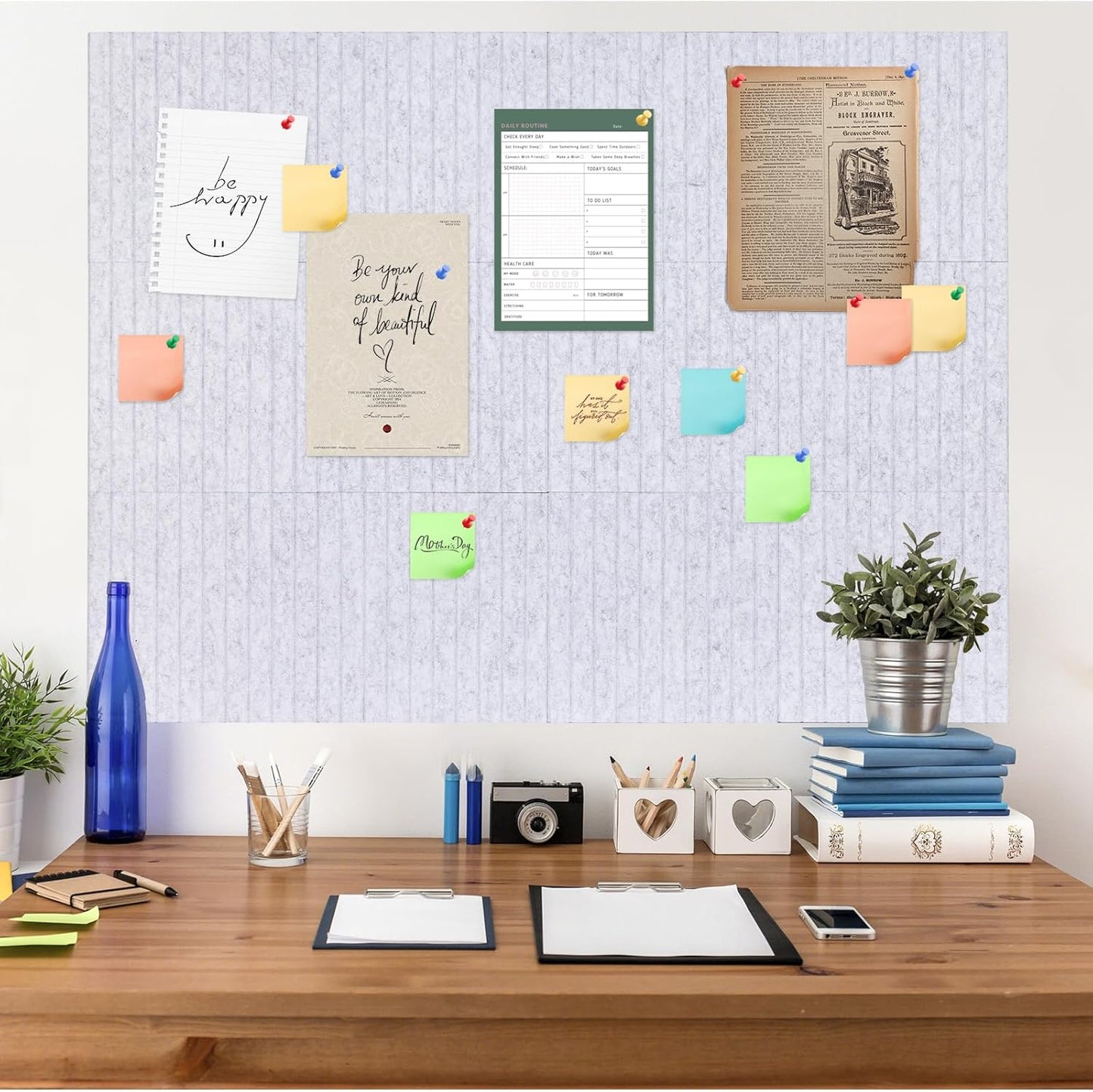 Large Cork Board Alternative, 12 Pack Felt Board with Safe Removable Adhesive Tabs Felt Wall Tiles, Large Cork Boards for Walls, Cork Board for Home Office, Pin Boards for Walls, Stripe Marble White