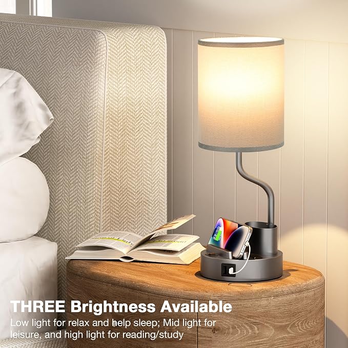 Bedside Lamps for Bedroom Set of 2 - Table Desk Lamp for Nightstand | 15" Table Lamp for Living Room with Pen Holder & Phone Stand, USB A+C Port, AC Outlet, 3 Color Temperature, LED Bulb Included