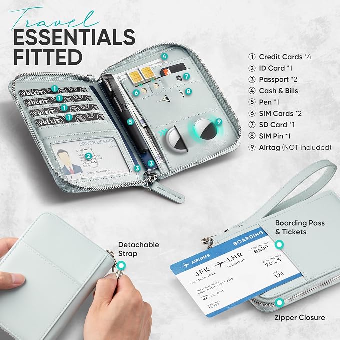 VULKIT Passport Holder for Travel with Airtag Slot RFID Blocking | Premium Nappa Leather Zipper Closure with Wrist Strap Travel Document Organizer for Passport Tickets Cash Cards Sim Cards