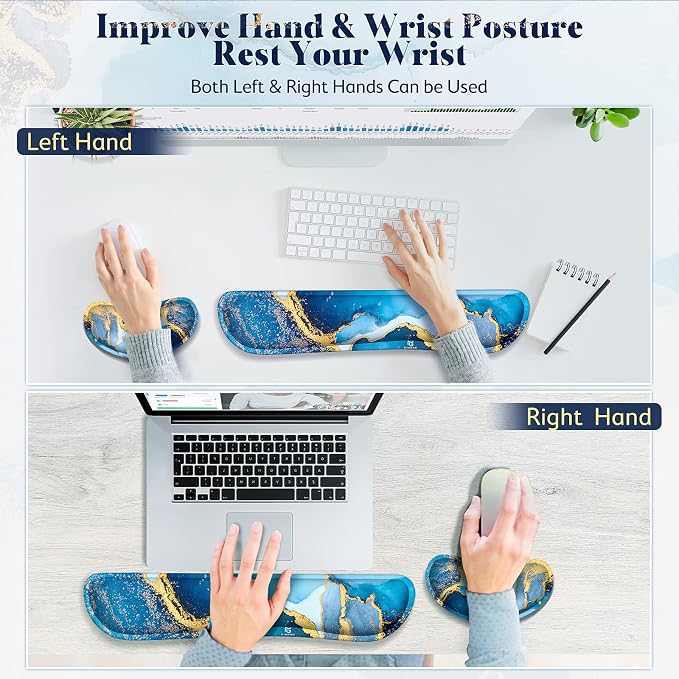 Gimars Upgrade Enlarge Gel Memory Foam Set Keyboard Wrist Rest Pad, Mouse Wrist Cushion Support for Office, Computer, Laptop, Mac, Comfortable, Lightweight for Easy Typing Pain Relief, Blue Gloden
