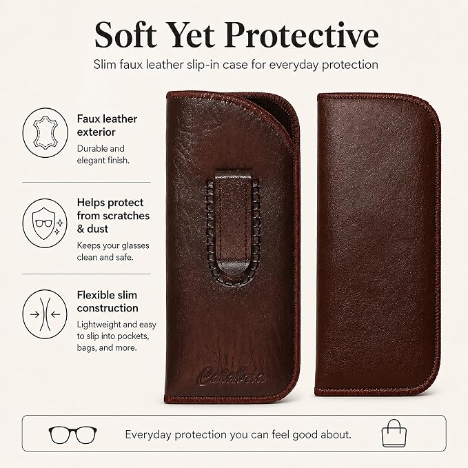 Calabria Slim Eye Glasses Case w/Clip Soft PU Leather Brown Men Women Eyeglasses Pouch Slip-In Eyewear Holder Sunglass Bag - 12PACK