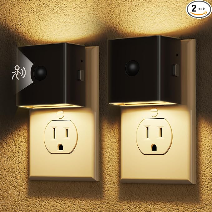 DORESshop LED Motion Sensor Night Light [2 Pack], Plug in Night Light, Night Light Motion Sensor, Dusk to Dawn 3 Level Brightness Adjustable Night Lights for Adults, Bedroom, Bathroom, Hallway