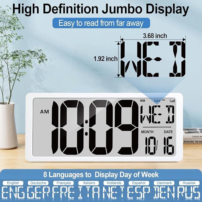 18.6" Extra Large Amotic Digital Wall Clock Battery Operated Alarm Clock with Day Date & Temperature Jumbo LCD Display Clock for Wall Bedroom Living Room Classroom Home Office