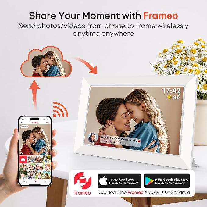 Miroir 10.1 Inch WiFi Digital Photo Frame via Frameo App, 1280x800 HD IPS Touch Screen Electric Picture Frame Display, 32GB Storage, Auto-Rotate, Wall Mountable, Share Photos/Videos Instantly