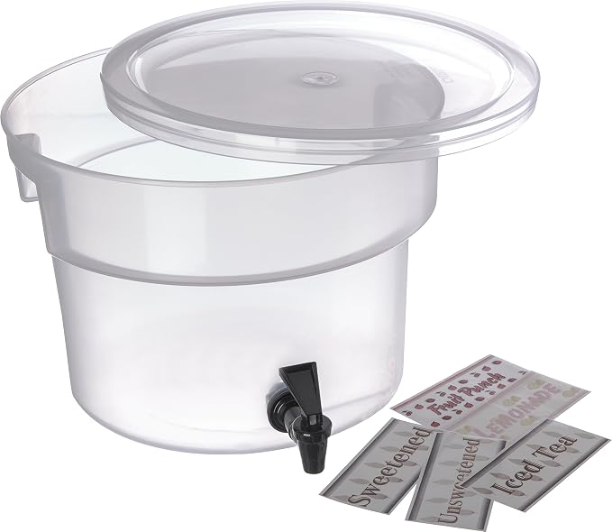 Carlisle FoodService Products Round Beverage Dispenser Drink Dispenser with Spigot for Catering, Plastic, 3 Gallons, Clear