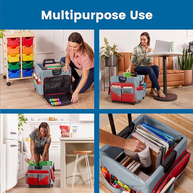 ECR4Kids Universal Rolling Cart with Canvas Organizer Bag, Mobile Storage, Red/Grey | Durable plastic, 30 compartments, adjustable handle, 40 lb capacity, collapses to 3" thick, rolling wheels for easy transport
