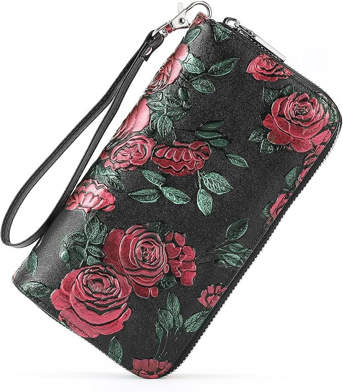 GOIACII Women's Wallet Large Capacity Double Zip Ladies Card Phone Holder RFID Blocking Wristlet Leather