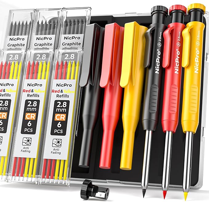 Nicpro Carpenter Pencils with Sharpener and Holster, Black Red Yellow 3Pack | Mechanical Carpenter Pencils with 39 Refills, Heavy Duty Construction Pencil, Comfort Grip Woodworking Pencils for Architect