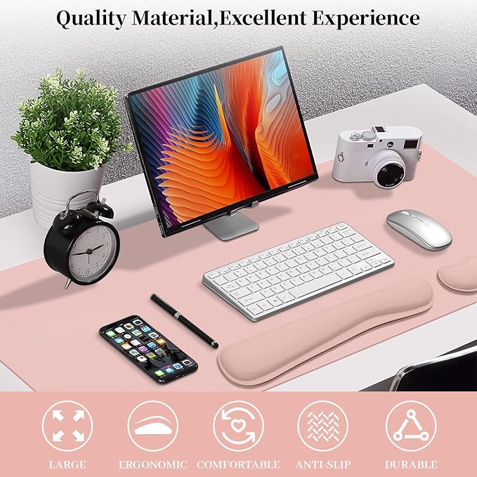 Desk Mat Set,3-in-1 Mouse Pad with Wrist Rest and Keyboard Pad | 31.5" x 15.7" Ergonomic Keyboard and Mouse Pad Set, Memory Foam Keyboard Wrist Rest, Waterproof Computer Mat, Pink