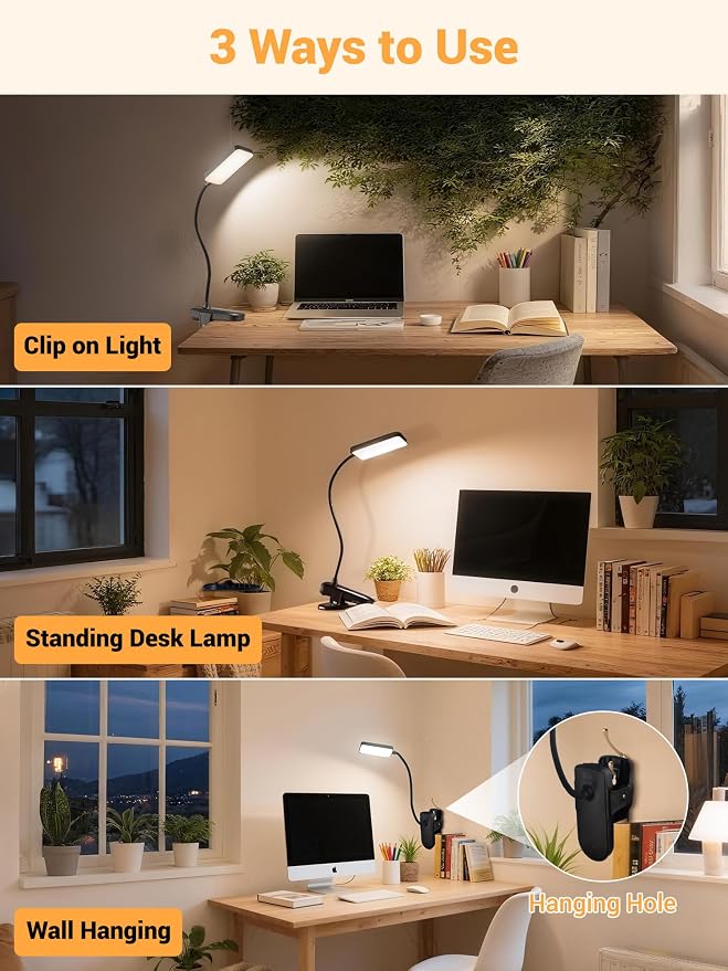 Clip on Light,9 Brightness+5 Color Rechargeable Lamp,48 LED Small Desk Lamp | 4000mAh Battery Powered Lamp,450 Lumen Clamp Light, Wireless & Cordless Book Reading Light for Bed/Bedside Table/Bedroom/Dorm