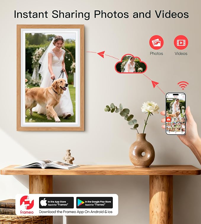 64GB Frameo 15.6" Digital Picture Frame Large 1920 x 1080 IPS FHD Touch Screen WiFi Electronic Photo Frames Share Moments Instantly Anywhere Best Gifts for Parents and Grandparents Natural Wood