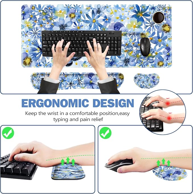 ToLuLu Gaming Mouse Pad, Ergonomic Keyboard Mouse Wrist Rest Support Set | Large Extended Desk Mat with Stitched Edges, Non-Slip Base Memory Foam Mousepad for Home Office Game Study, Butterfly Flower