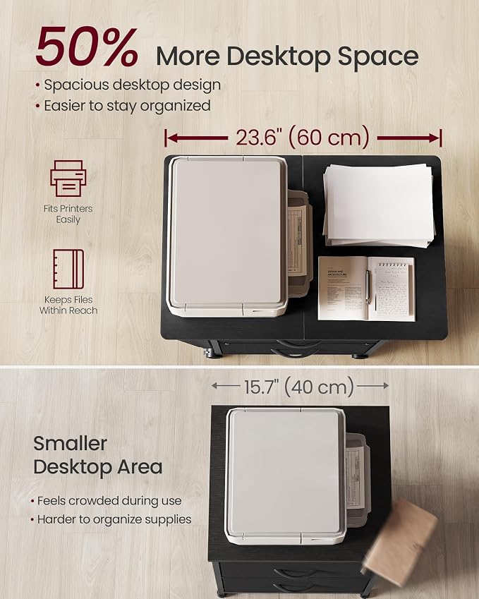 VASAGLE Mobile Printer Stand with Storage, Filing Cabinet, Side Pockets | Filing Cabinet for A4 Letter Size, 23.6 x 15.7 x 26.8 Inch, Ink Black, BELLAH Collection UOFC201BC01