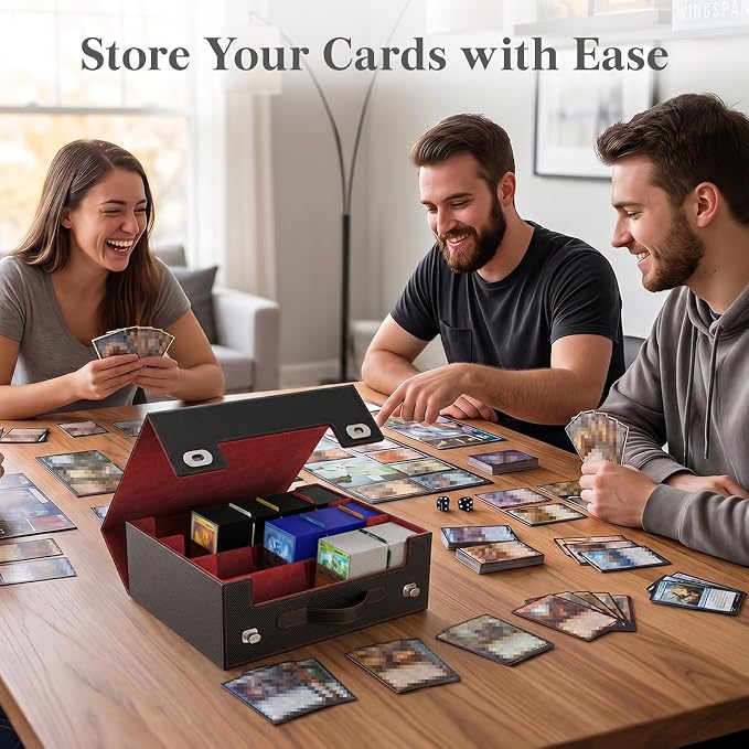 Lifewit Trading Card Storage Box with Handle, Holds Up to 1800 Sleeved Cards with 12 Adujstable Dividers & 4 Stoppers, Aluminum Closure PU Leather Case for MTG, PTCG, YGO, Sports Cards, Black& Red