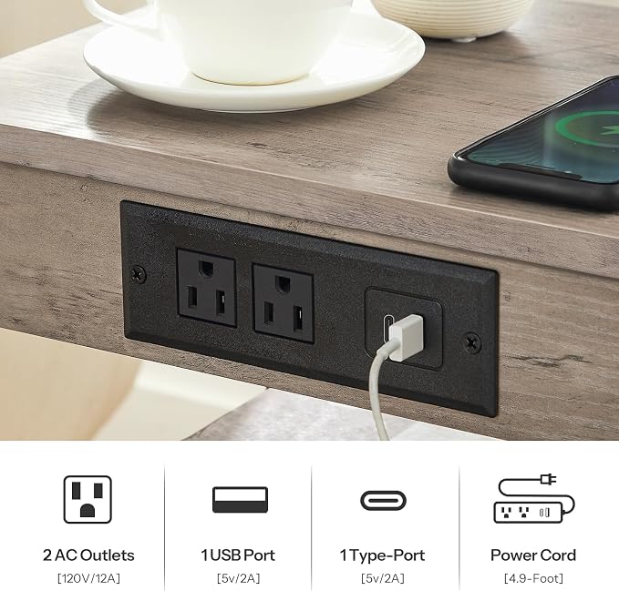 HOOBRO Side Table with Charging Station and USB Port, Small End Table for Small Space, 3-Tier Nightstand with Adjustable Shelf, for Living Room, Bedroom, Greige and Black BG112BZ01