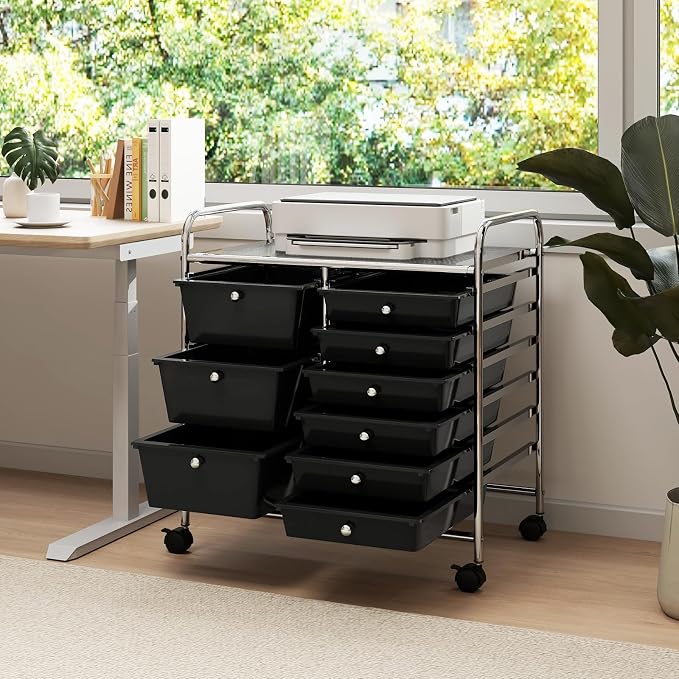 9 Drawer Rolling Storage Cart, Rolling Cart with Drawers for Classroom, Art Supply Craft Organizer on Wheel with Metal Frame & Handles for Home Office School