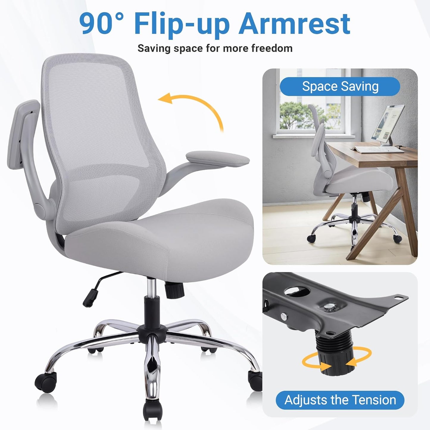 HYLONE Heavy Duty Office Chair, 5" Thickened Seat Ergonomic Desk Chair with Adjustable Armrests, Home Office Computer Chairs for Long Hours Mesh Executive Chair(Grey)