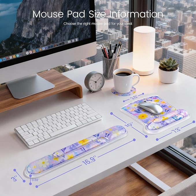 Ospelelf Mouse Pad with Wrist Rest and Ergonomic Gel Keyboard Hand Wrist, Support for Typing Gaming, Relieve Wrist Pain, Cool & Easy to Clean, for Office, Programmer, Home Computer Use Purple Floral