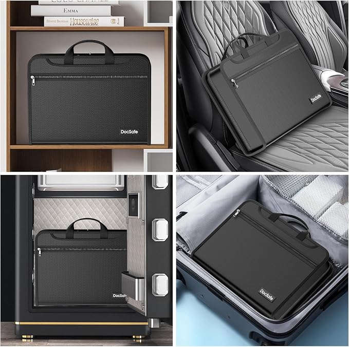 DocSafe Accordion File Organizer Bag with Lock, Fireproof Water Resistant Expanding File Folder with Multi Colorful Pockets,Document Organizer Safe Storage for Important Documents and More, Black