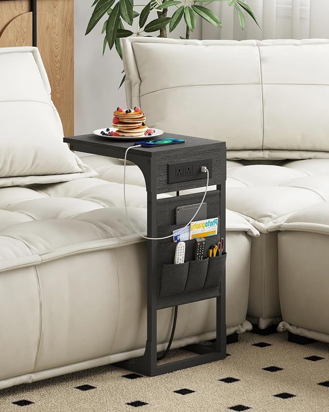 TUTOTAK C Shaped End Table with Charging Station, Side Table for Sofa | Couch Table with Storage Bag, TV Tray with 2 USB Ports and Outlets, Living Room and Bedroom, Black TB01BK024