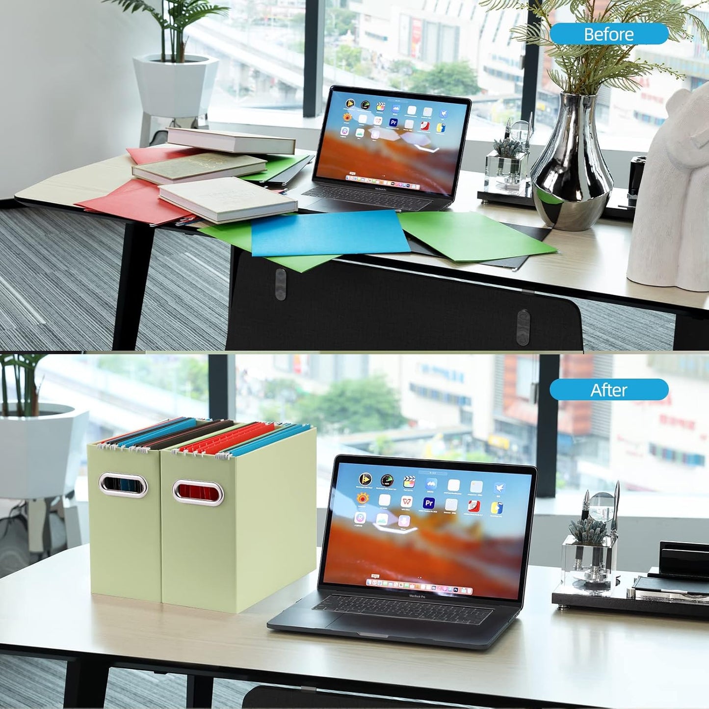 Oterri File Organizer, 4 Packs Small Storage Box, Cardboard File Folder Organizer, Collapsible File Box for Hanging File Folders Letter Size, Portable Filing Organizer with Handle (Multi color)