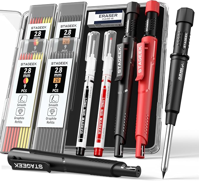 STAGEEK 2.8mm Mechanical Carpenter Pencils with Sharpener, 2 Pack | 38 Refills, Construction Pencil Heavy Duty Woodworking Tools, Waterproof Deep Hole Long Nib Marker Pens for Architect Marking