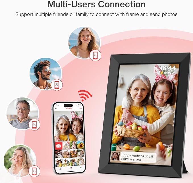Frameo 10.1 Inch WiFi Digital Picture Frame, Smart Cloud Electronic Photo Frame with HD IPS Touch Screen Slideshow 32GB Memory Auto-Rotate Wall Mount, Share Photos/Videos from Phone - Gifts for Mom