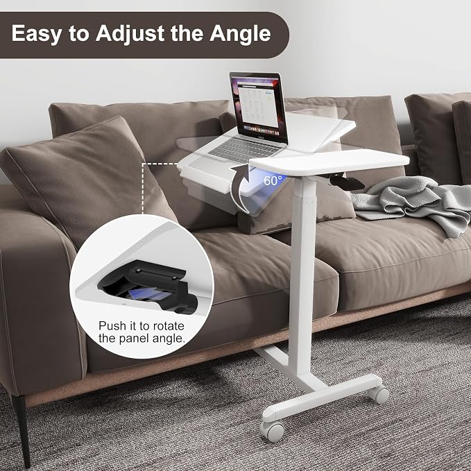 PUNCIA 28" Overbed Table with Split Tilting Desktop,Pneumatic C Table,White | Mobile Laptop Desk for Bedside, Height Adjustable End Table with Wheels, Computer Cart for Home Sofa Office & Hospital Use
