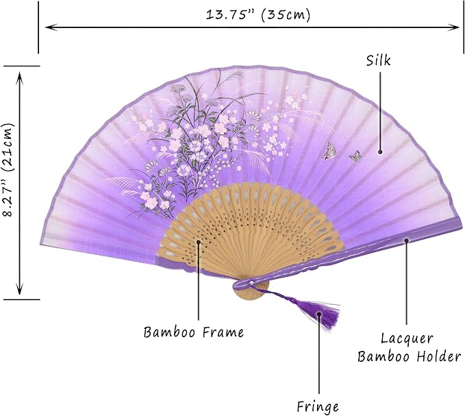 OMyTea® "Grassflowers 8.27"(21cm) Hand Held Folding Fans - With a Fabric Sleeve for Protection for Gifts - Chinese/Japanese Vintage Retro Style (Purple)