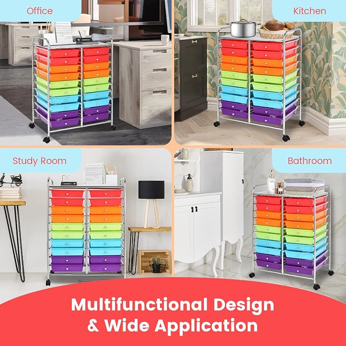 COSTWAY 20-Drawer Rolling Storage Cart, Utility Storage Organizer Cart | For Tools, Scrapbook, Paper, Craft, Multipurpose Storage Trolley on Wheels for Home Office School (Multicolor)