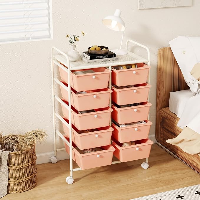 RELAX4LIFE 10-Drawer Rolling Storage Cart - Mobile Craft Art Supply Storage Organizer for Tool Scrapbook Paper Salon, Office School Classroom Teacher Rolling Cart with Drawers, Utility Cart on Wheels
