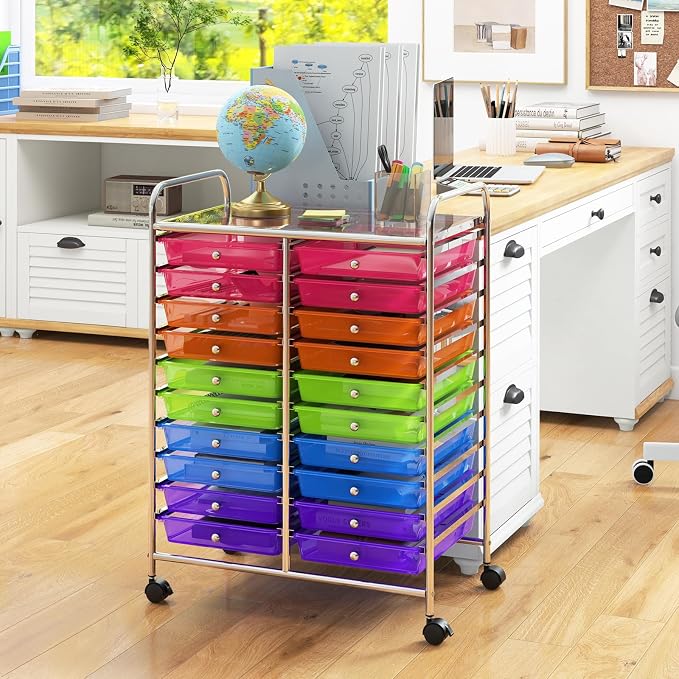 RELAX4LIFE 20 Drawer Rolling Storage Cart, Mobile Rolling Cart w/Drawers for School Classroom Teacher Office Home Salon, Paper File Art Supply Craft Organizer, Utility Cart on Wheels (Rainbow)