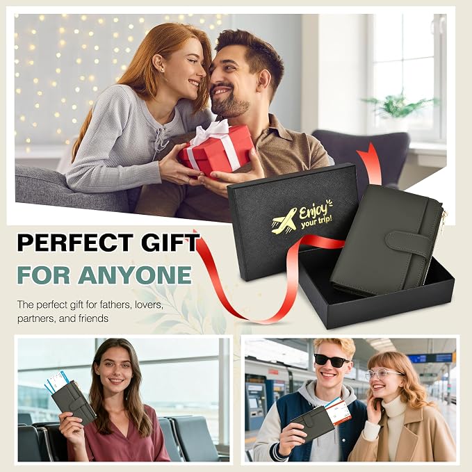 RFID Passport Holder for Travel, Leather Passport Wallet Cover with Airtag | with Airtag Slot, Card Cash Holders, Zippered Coins Pocket, for Women/Men, Gift Box, Travel Essentials, 4.1"L x 1"W x 6.3"H