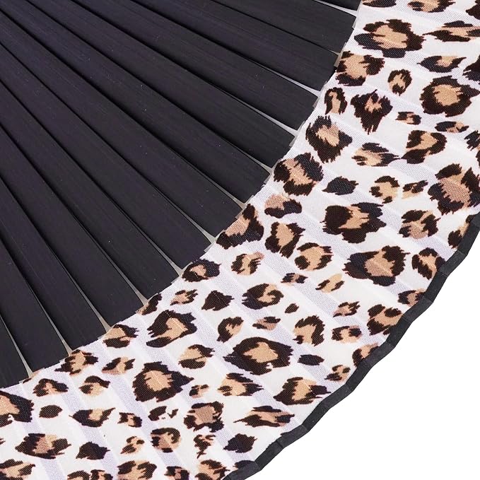 Wobe Hand Held Bamboo Silk Folding Fan, Chinese Japanese Handheld Fan with Tassel Wooden Charming Elegant Vintage Retro Style for Women Ladys Girls Dance Party Home Decorations (Leopard)