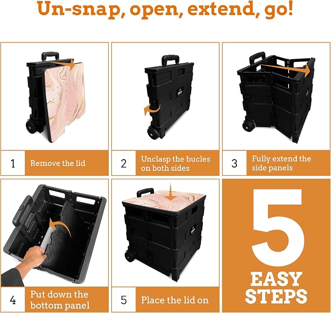 Collapsible Ultra-Slim Pack-N-Roll,2 Wheel Utility Cart w/Lid Used as Seat up to 250 Lbs, Telescopic Handle, Super Strong, for Home,Garden,Shopping,Office,School, Large, Pink Marble