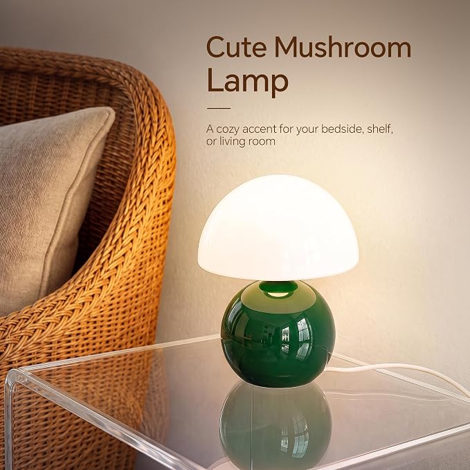 Mushroom Lamp Table Lamp for Bedroom-Small Table Lamps,Dark Green | 8.7" Mid Century Modern Table Lamps for Living Room Bedroom Decor,Cute Ceramic Lamps for Mushroom Home Room Decor,Glass Shade