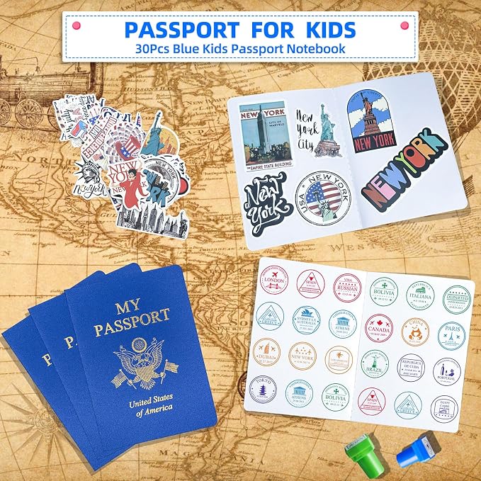 10 Pcs Blank Passport Notebook Blue Passport Book Fake Passport Travel Journal Sticker Collection Book for Kids School Projects World Travel Pretend Activity Party Favors, 5.51x3.9 Inch