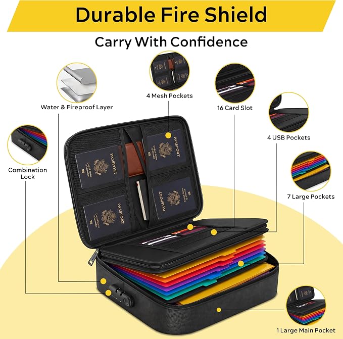 Fireproof Document Box with Lock, 13-Folder File Organizer Bag | 13 accordion folders for passports, certificates, cash & important documents, ideal for home office travel storage