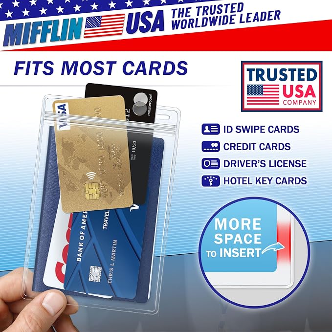 Mifflin-USA Passport & Card Holders (Clear, 4x6 inch, 50 Pack), Extra Large (XXL) ID Name Badge Holder, Waterproof Vertical Plastic Card Holders