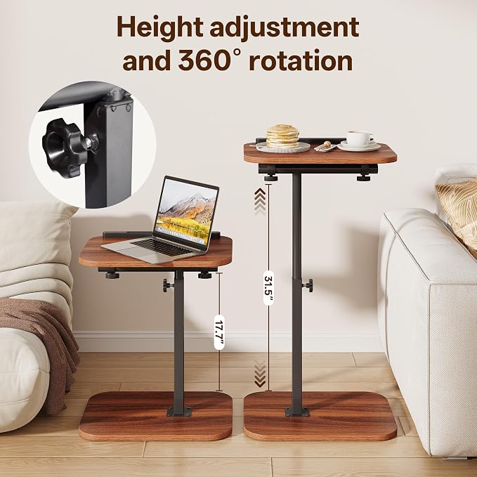 TV Tray Table, C Shaped End Table | Adjustable Height, Flip-Top, Snack Side Table with 360° Swivel and 180° Tilt, for Couch, Sofa, Bed, Recliner, Walnut