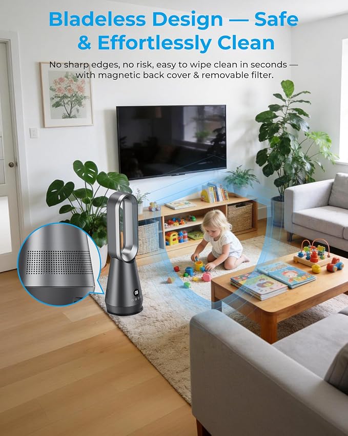 22" Small 32dB Silent Bladeless Tower Fan with Remote, Magnetic Washable Filter, LED Display, 8 Speed Settings, 80 Oscillation, 1-9H Timer, 30W Energy Saving for Indoor Use Bedroom and Office