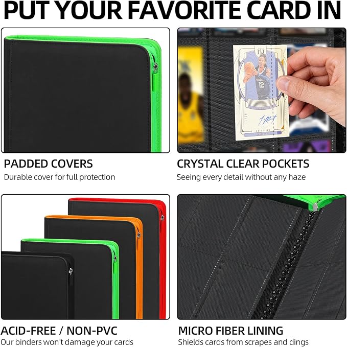 Premium Trading Card Storage Album,9 Pocket 40 Side Pages, 360 Cards,Black Zipper Binder for Collectible Games, Sports Card Organization&Protection (Black Fluorescent Green Light)