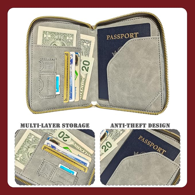 Passport Holder with Tether and Clip to Prevent Loss and Theft, Rfid Passport Holder for Travel, Passport Cover Wallet, Passport Case for Men and Women (Gray - Tether and Clip)