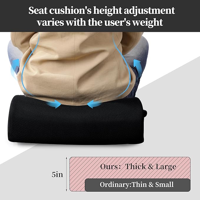 MABOZOO Extra Thick Chair Cushions,Office Chair Booster Seat Cushion to Raise Seat Height for Pain Relief,18 x 16 x 5 inch Non Slip Memory Foam Thick Cushion with Carry Handle（Black）