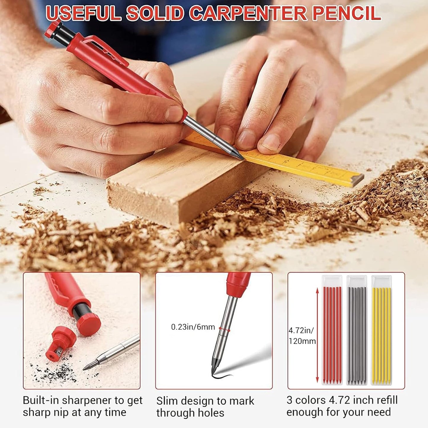 Gegong 24 Pieces 2.8 mm Diameter Solid Carpenter Pencil Set Pencil Refills for Carpenter Carpenter Marker Woodworking Mechanical Pencil (Yellow Refill)