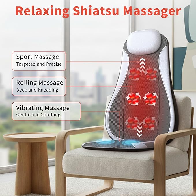 Shiatu Back Massager with Heat & Cooling, Kneading Rolling Vibration Chair Massager for Deep Tissue Pain Relief, Massage Chair Pad for Home & Office