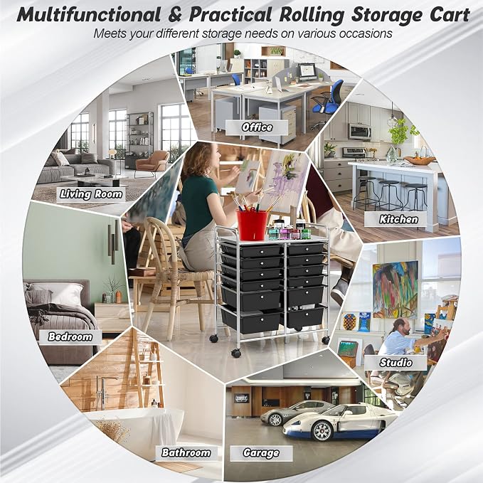 COSTWAY 12-Drawer Rolling Storage Cart, Moveable Art Craft Organizer | Lockable Wheels, Metal Shelf, Files Arrangement Tools Makeup Storage Cart for Office, Home, School (Black)