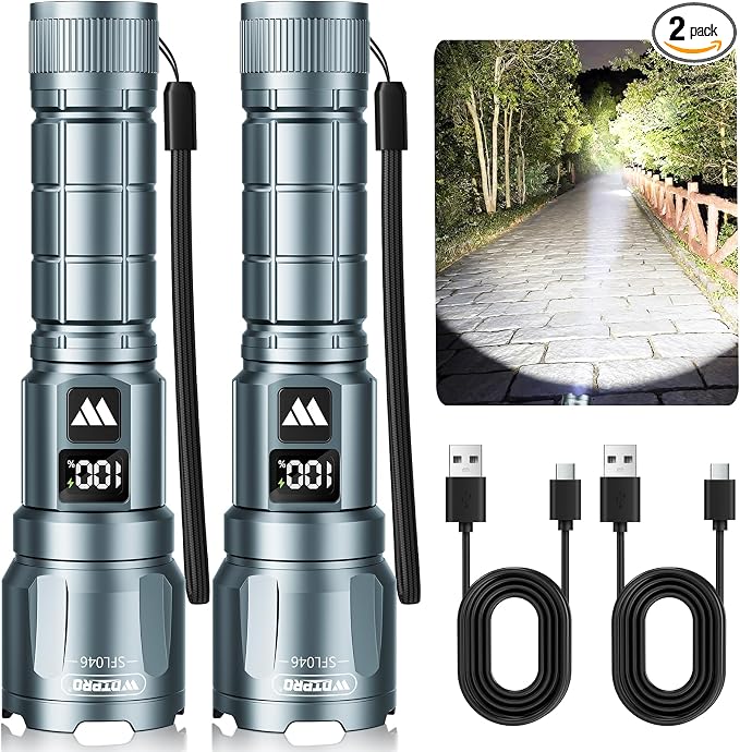 WdtPro Rechargeable Flashlights 2 Pack, Powerful Handheld Flashlight - Grey | LED High Lumens, LCD Battery Display, Zoomable 3 Modes, IP65 Waterproof, Tactical, For Home Emergencies Camping Outdoor