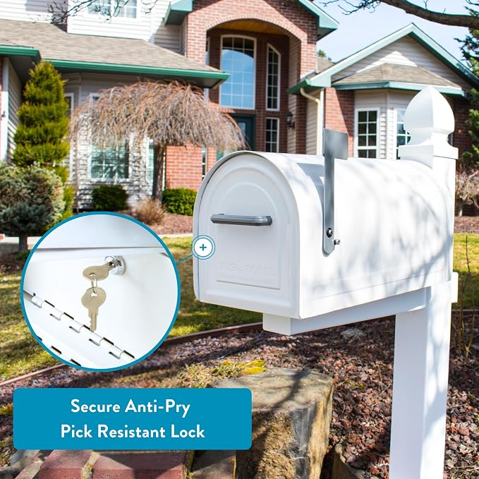 Architectural Mailboxes Reliant Locking Post Mount Mailbox, White, Large | Galvanized steel build with concealed secure lock and key and a magnetic door closure. USPS approved. Includes 2 keys.